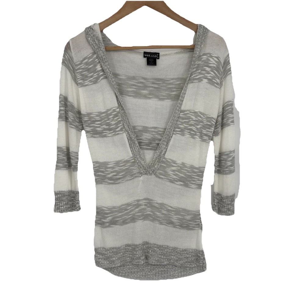 Y2K Wet Seal‎ Womens Hooded Striped Sweater Small Lightweight Deep V Retro USA